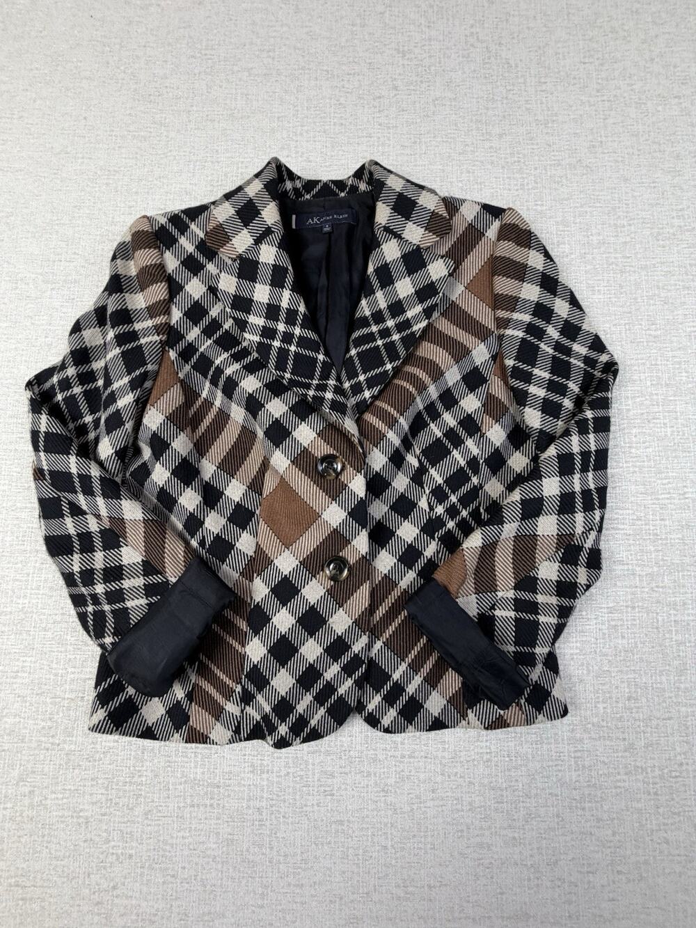 AK Anne Klein Women’s 8 Wool Blend Plaid Blazer Jacket Black Brown Career